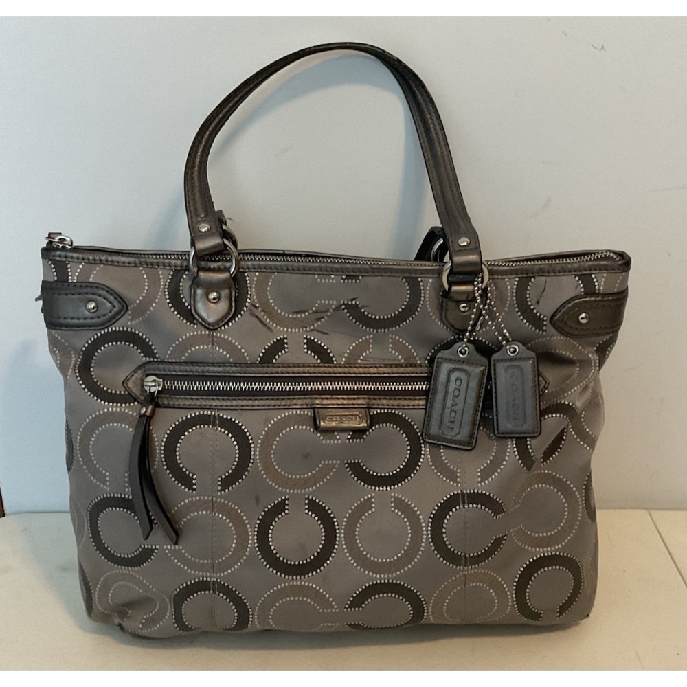 Y2K COACH Large Daisy Gray Outline Op Art Metallic Emma Tote Bag *FLAWS